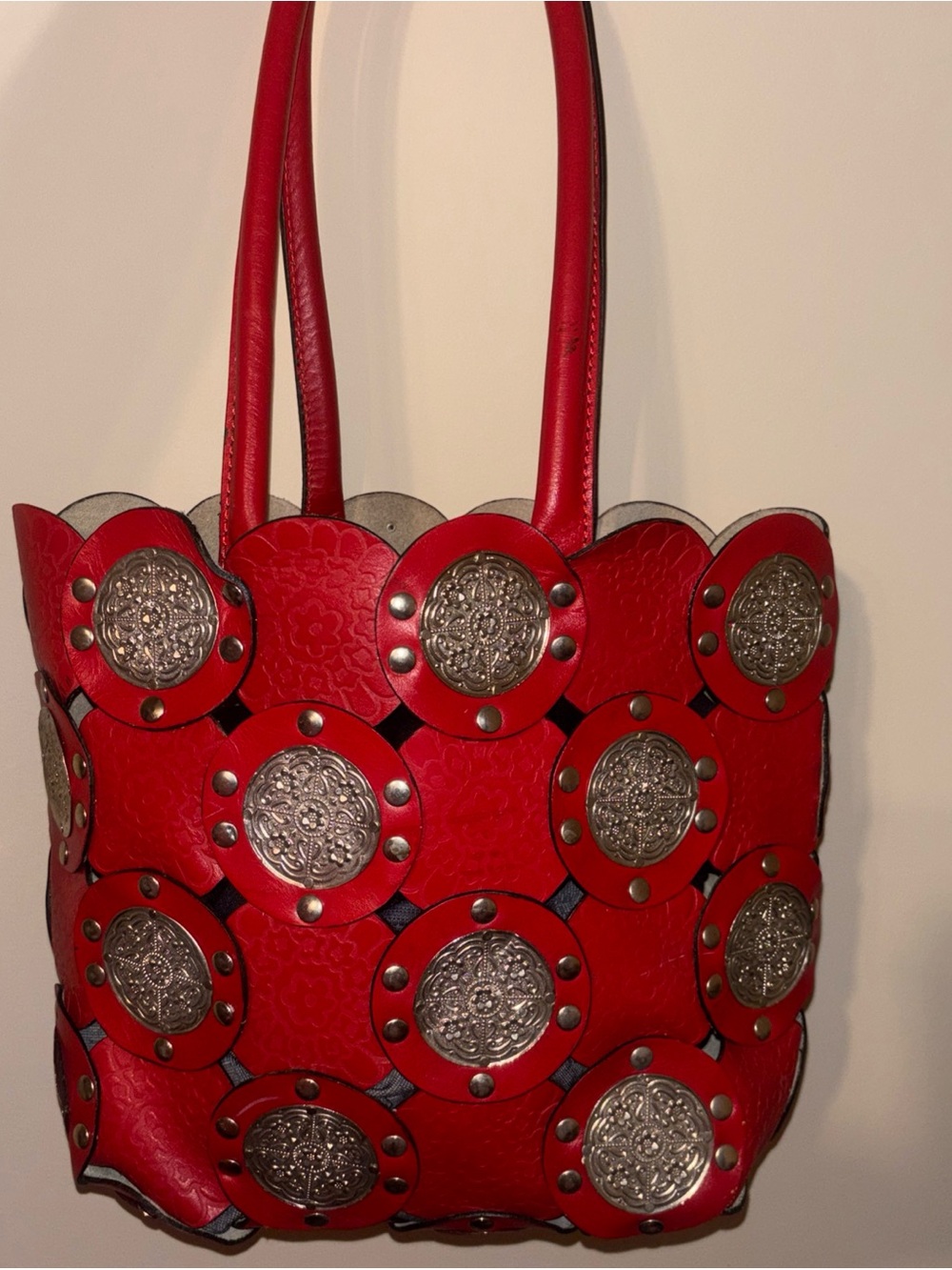Chico's Red Leather Tote with Silver Medallions